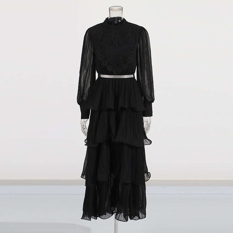 Designer Stylish Women's Long Dress with Ruffles, Lace Work, and Stand-Up Collar Perfect Fit and Comfortable Wear