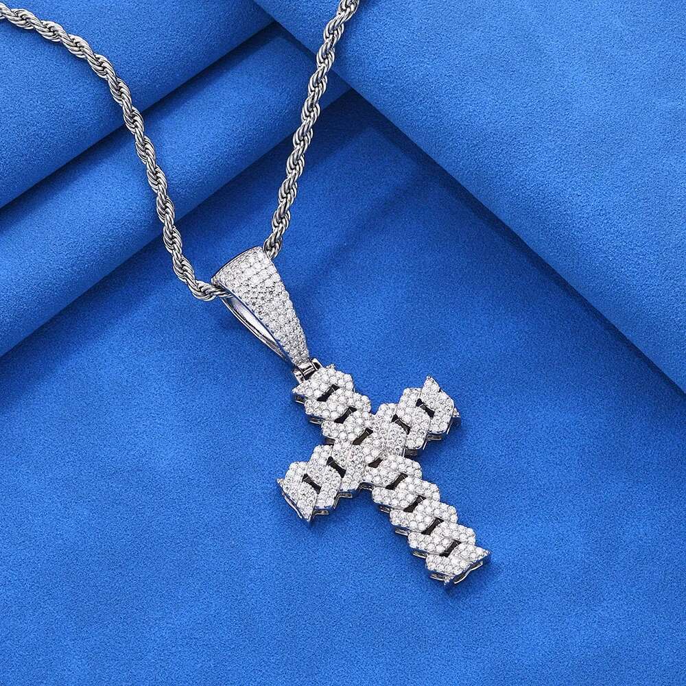 Fine S925 Sterling Silver Paved Diamond 2 Rows Cross Pendant Hip Hop VVS D Moissanite Diamond Pendant Necklace for Unisex