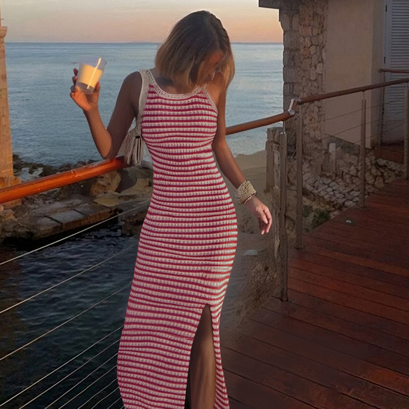 Valentine's Day Nordic Breeze Women's Summer Round Neck Bodycon Midi Dresses 2025 Casual Sleeveless Ribbed Knit Striped Beach Vacation Long 