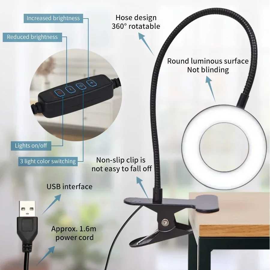 360 Flexible LED Clip on Desk Lamp 3 color Adjustable Gooseneck Table Light USB Bedside Books Night Light Study Read Light M251114