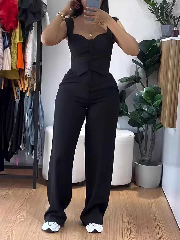 Fashion womens Y2k sexy two-piece set summer velvet free ultra-thin vest and wide leg Trouser set Ele Solid Pants womens setXJ250414
