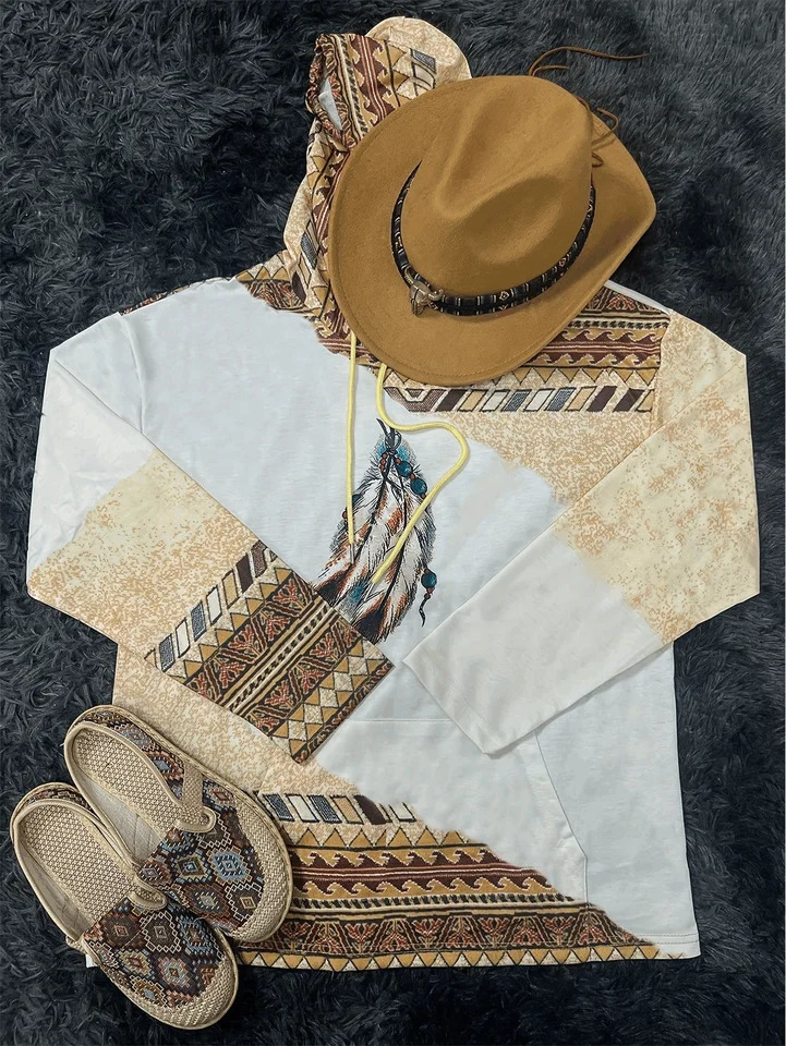 Womens casual and fashionable round neck pull up sweatshirt Western retro printed hooded 250414Z