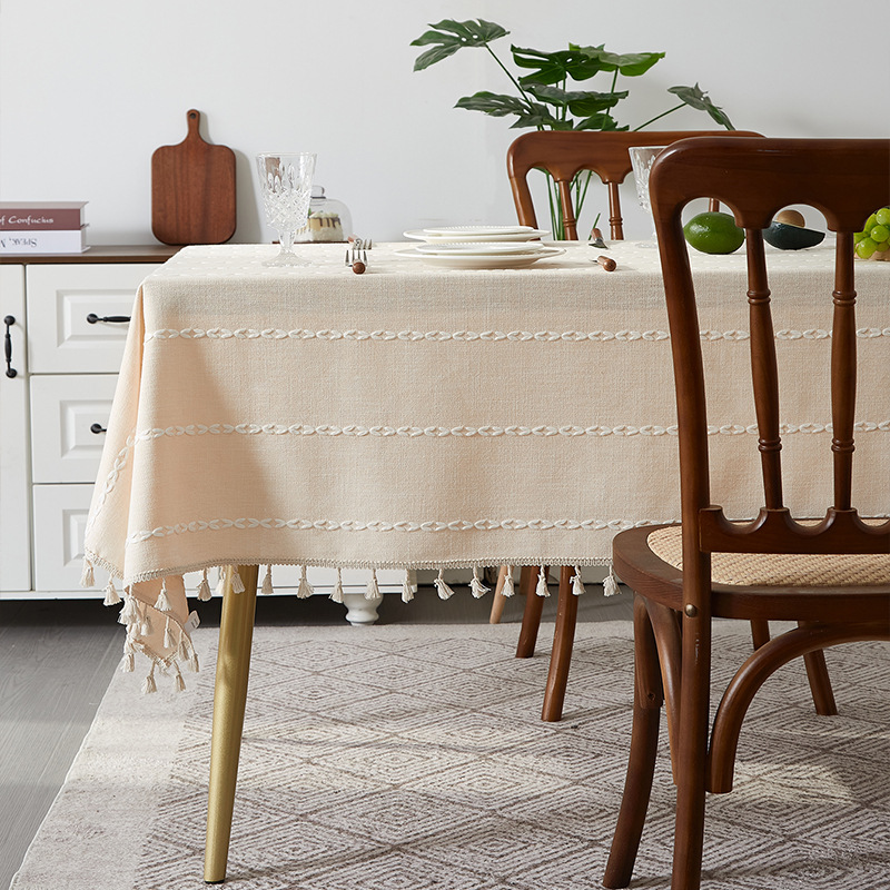 Coffee-colored tassel tablecloth, rustic cotton and linen fabric, clear rectangular tablecloth, coffee table mat PMVF01