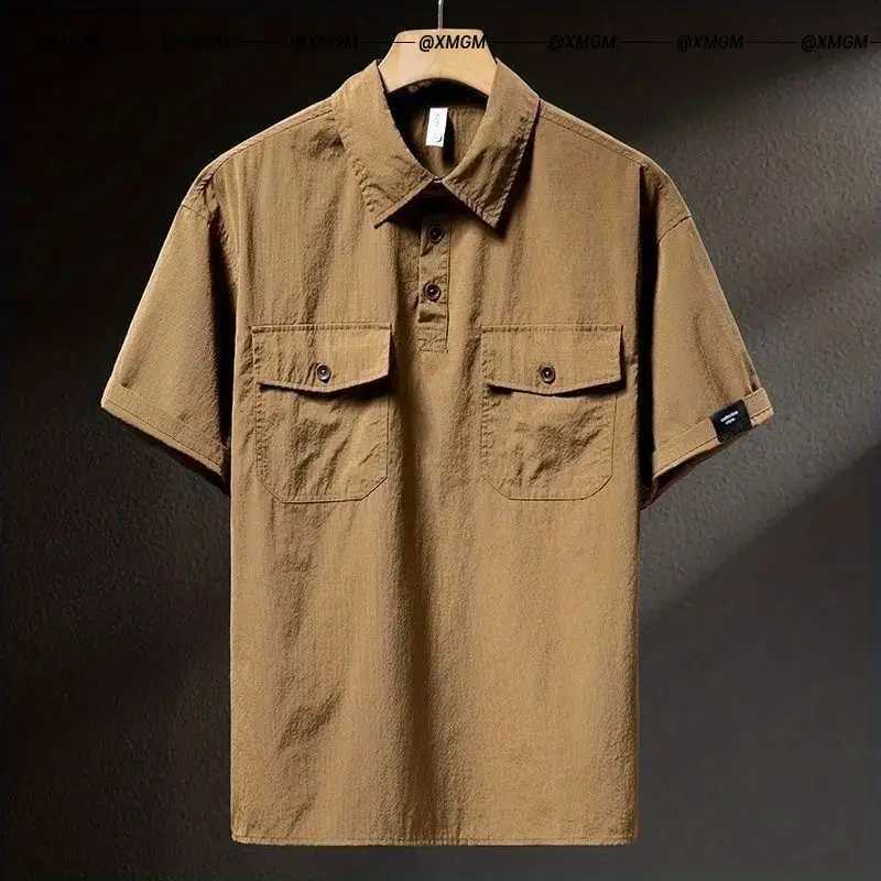 Summer Ice Silk US High end Workwear Short Sleeve Mens Grey British Fashion Retro Loose T-shirt Polo Shirt W250414