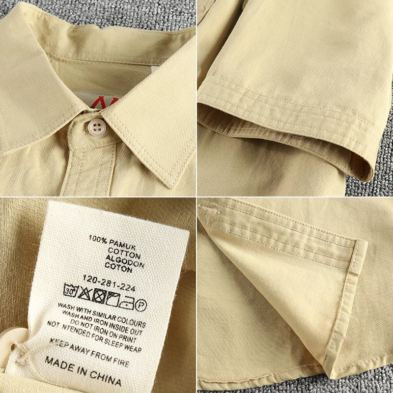 2024 Summer American Retro Short Sleeve Collar Cargo Shirt Mens Simple 100 Cotton Laundry Double Pocket Casual Top 250411