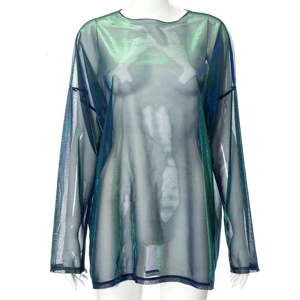 Solid See Through Tshirt Sexy Tops O-Neck Long Sleeve T Shirt For Women Clothing Club Y2k Aesthetic Egirl Tees