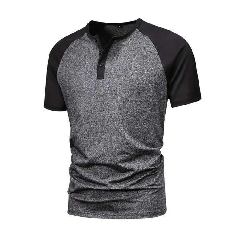 Summer Henley Collar Men Casual Contrasting colors Short Sleeve T Shirt for Men High Quality Mens T Shirts Streetwear 2025 New W250414