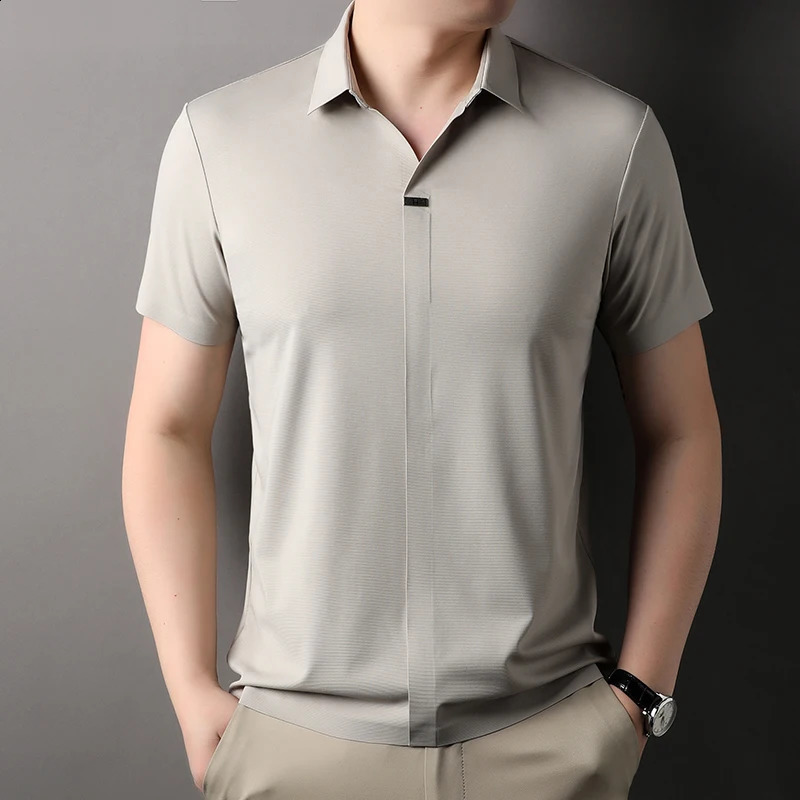 High end classic solid color patch decoration mens short sleeved POLO shirt summer silk ice silk casual business T-shirt 250411