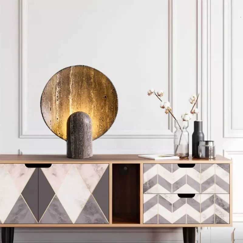 ins living room brown luxury dark travertine rock minimalist Nordic bedroom home decor LED modern resin table lamp M251114