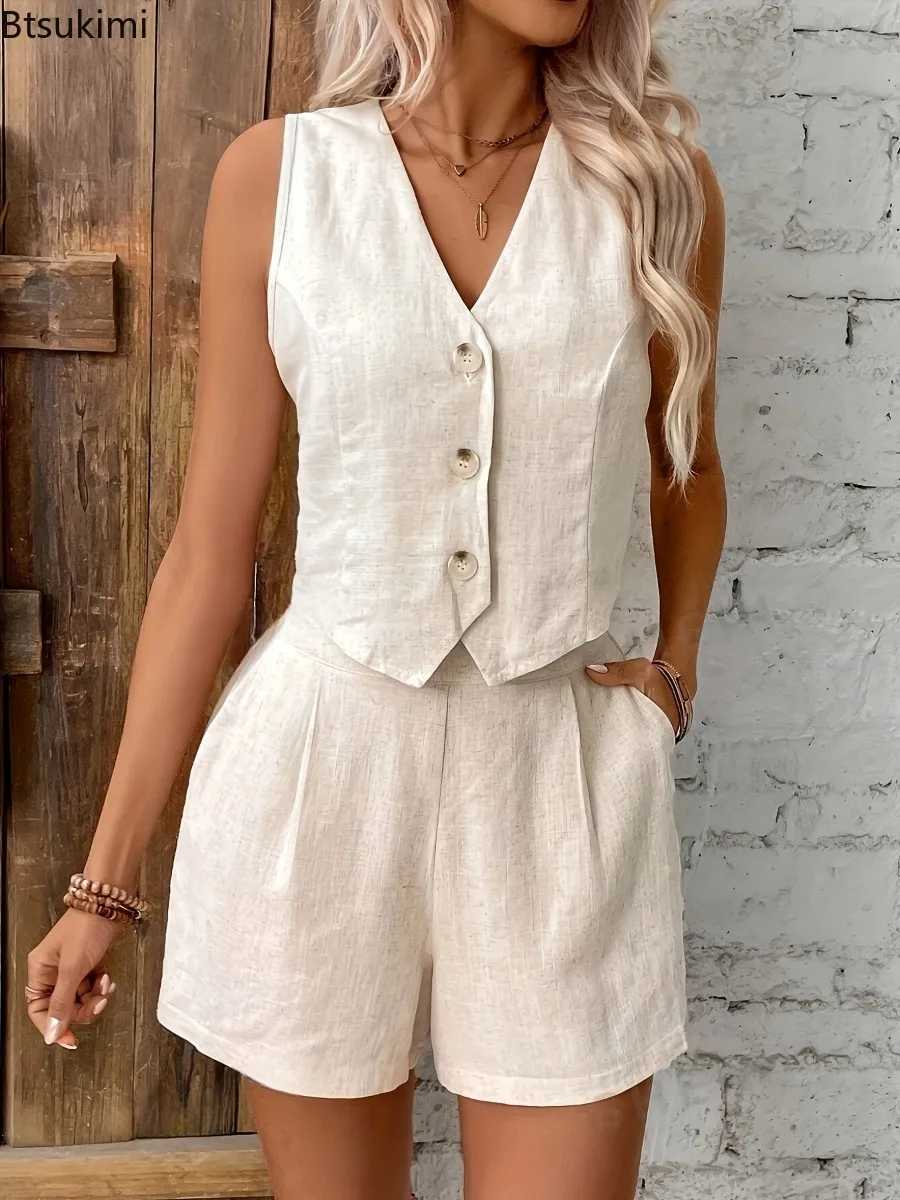 Womens solid casual two-piece set fashionable and sexy V-neck velvet free vest top and shorts set womens summer cotton linen setXJ250414