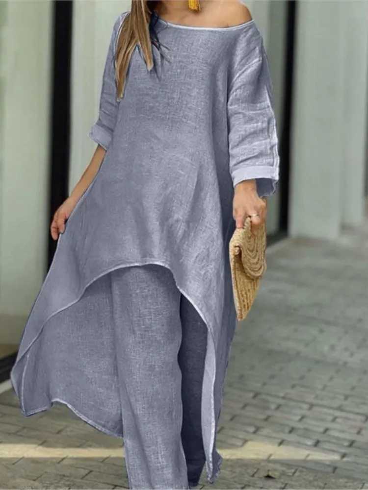 Womens cotton linen pants set fashionable solid casual irregular top wide leg pants set office womens two-piece suitXJ250414