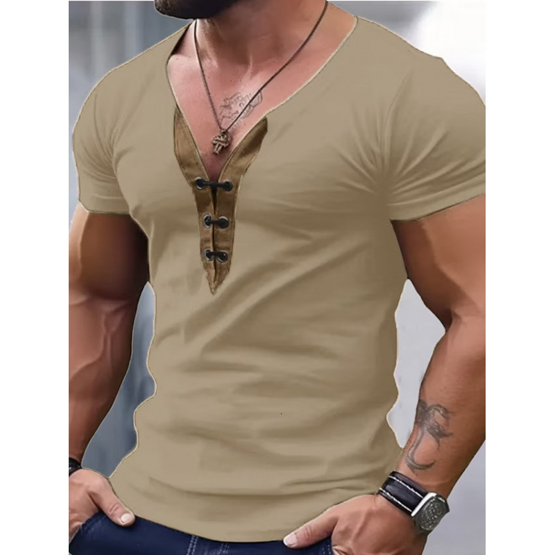 Spring mens V-neck sports fitness casual short sleeved shirt single American washed T-shirt