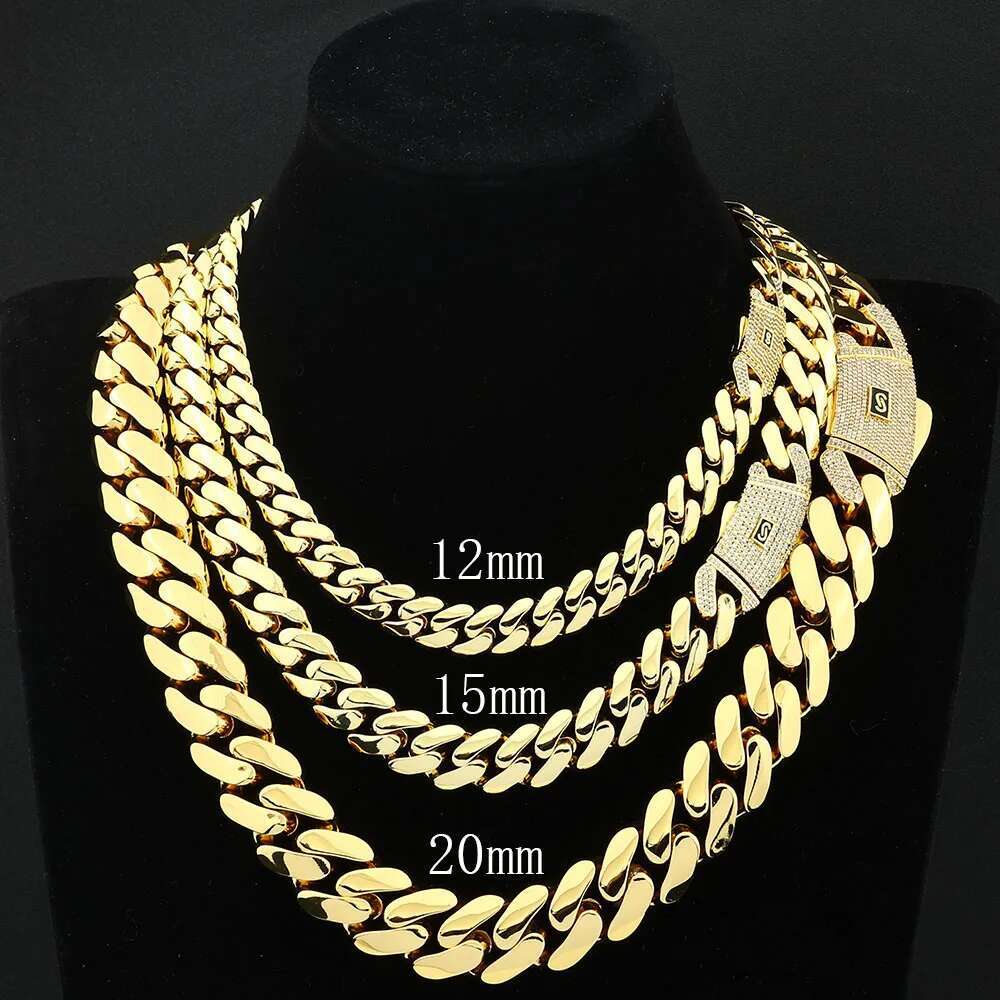 ESKEEM Iced Diamond Clasp Flat 12mm Miami Cuban Link Chain 14K Gold Plated Thick Solid Cuban Link Chain Hip Hop Jewelry for Men