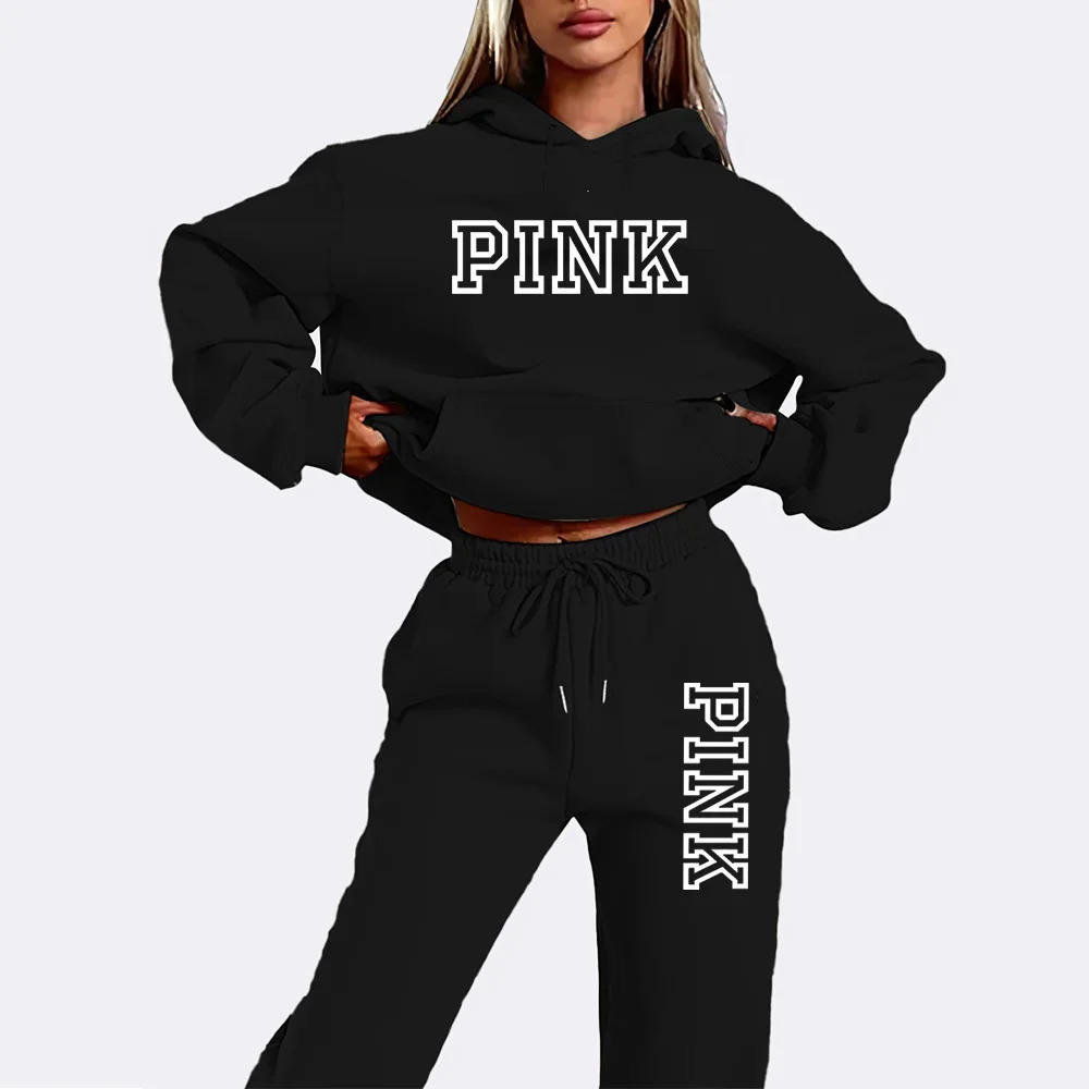 Pink womens hooded sweatshirt and leggings set 2piece 250414
