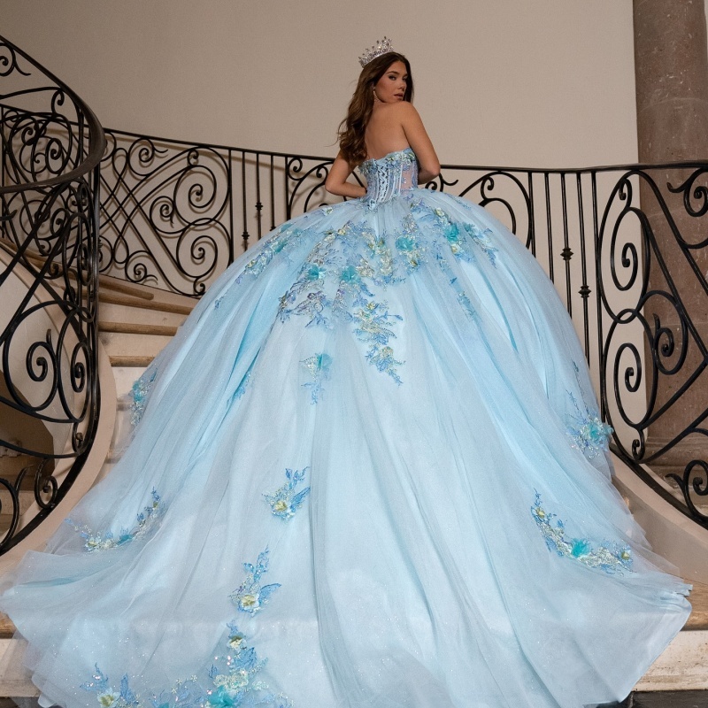 Sky Blue Quinceanera Dresses Off Shoulder Ball Gown Sweet 16 Dress Applique Lace Flower Beads Tull Corset Birthday Party Vestidos 15 Anos
