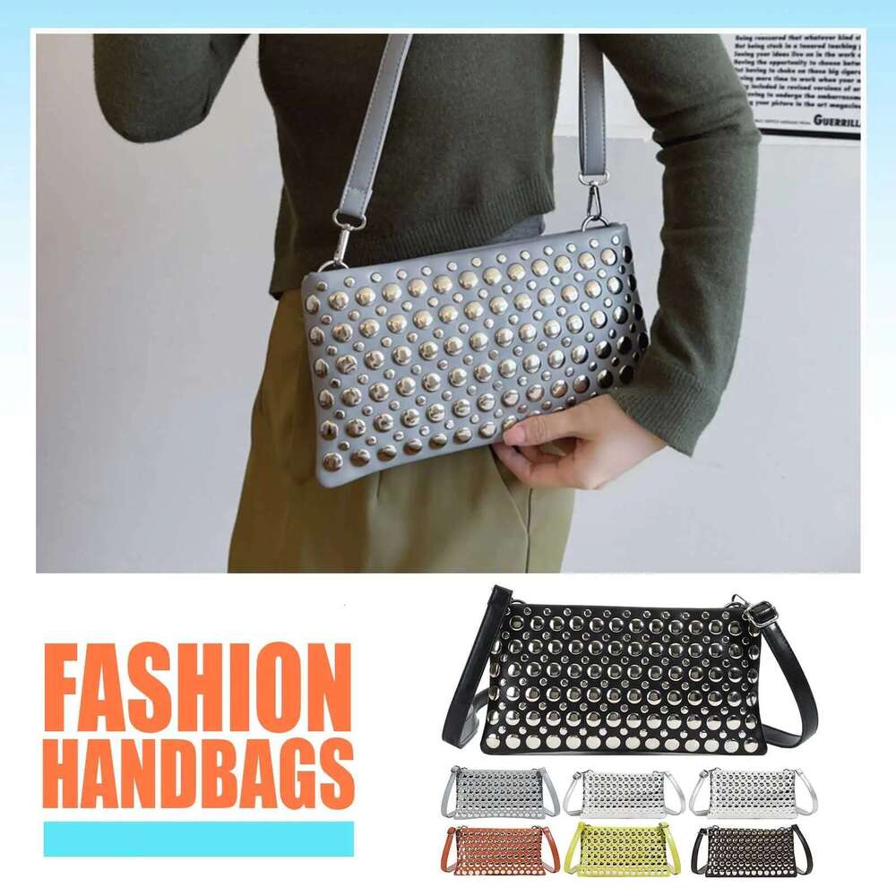 Women Fashion Rivets Handbag Adjustable Strap PU Leather Studded Crossbody Punk Shoulder Girls Daily Bag