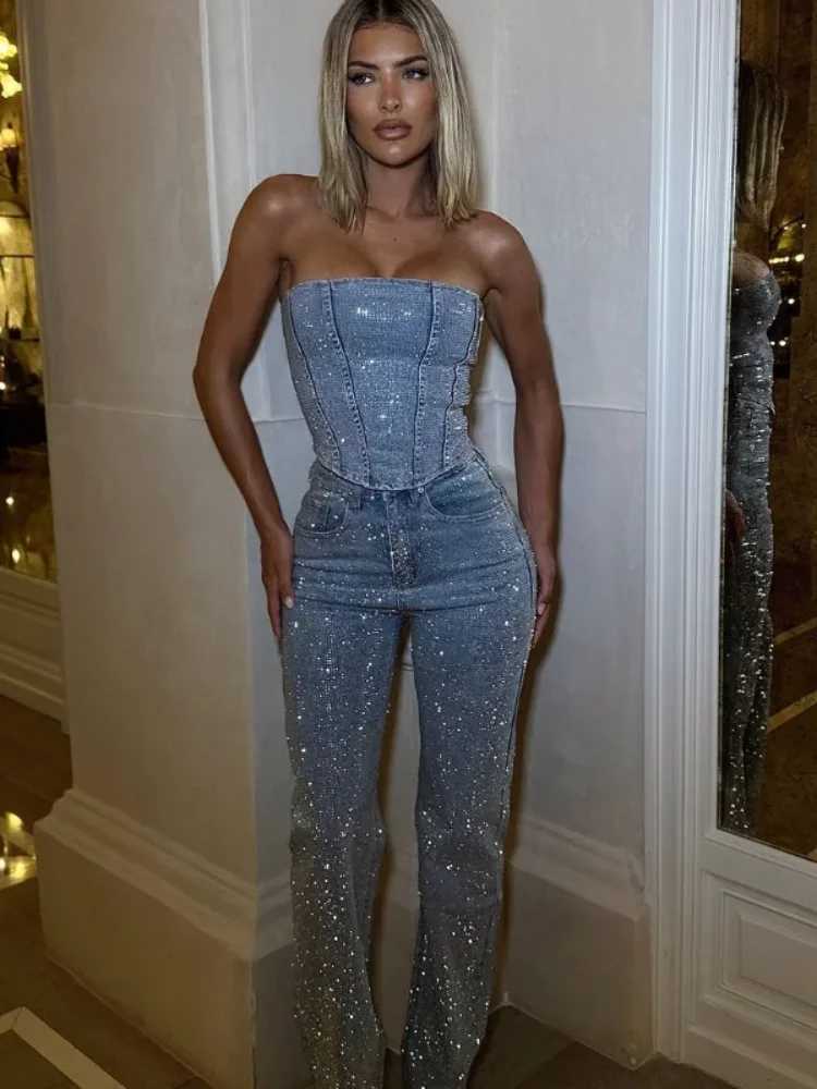 Sexy sequined denim vest and pants set for womens solid non velvet tube crop top high waisted zipper jeans 2025 fashion street womens party setXJ25041