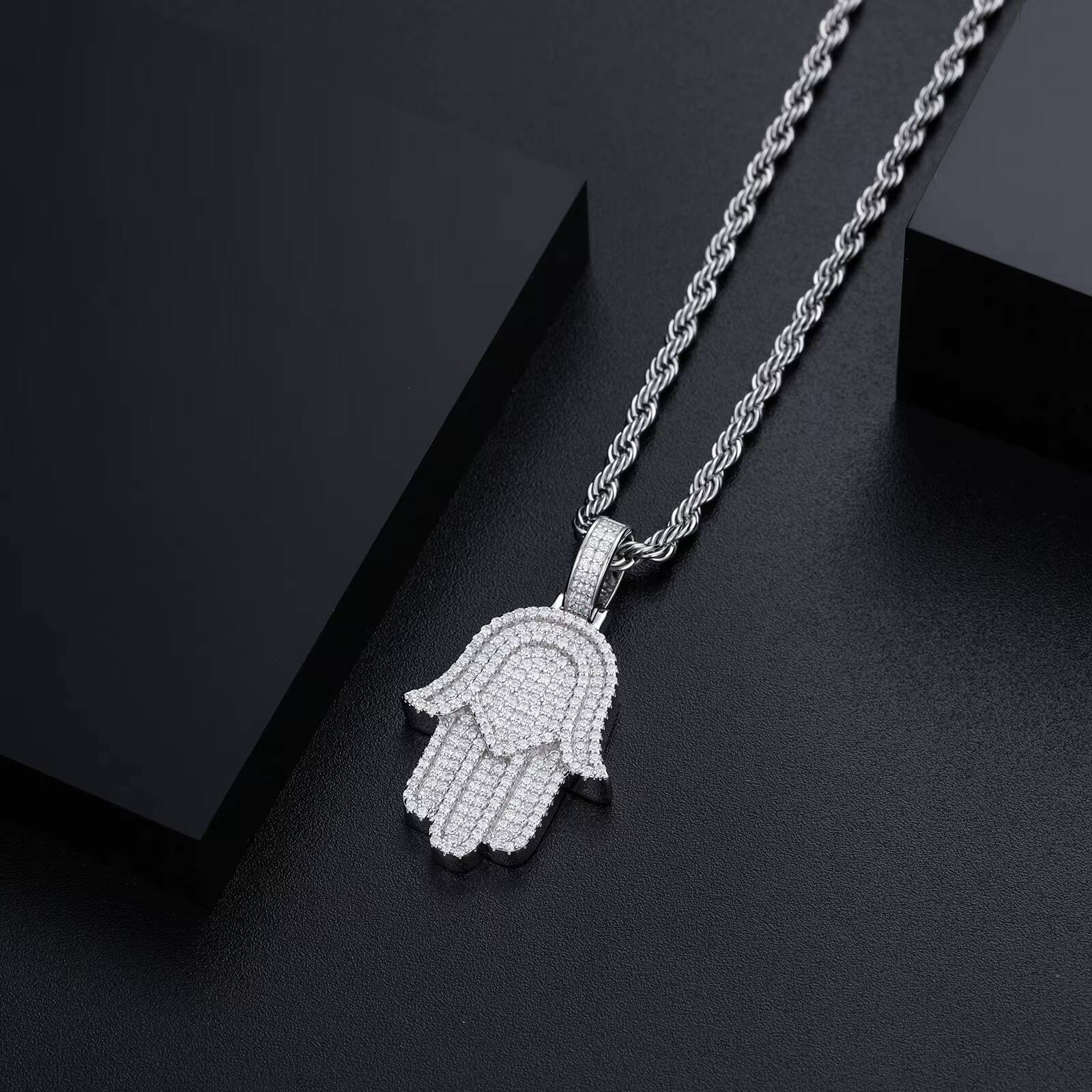 Bing Iced Out VVS Moissanite Stylish 925 Sterling Silver White Gold Plated Religious Hamsa Hand Pendant for Men