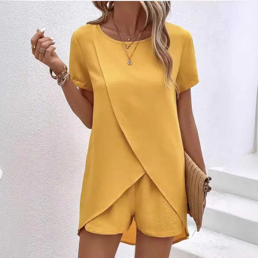 Casual Solid Short Womens 2025 Fashion Round Neck Short Sve Irregular Splicing Top Elastic Waist Short Two Piece SetXJ250414