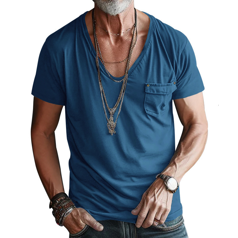 Mens pocket t-shirt clothing mens V-neck solid color plus size casual short sleeved t-shirt