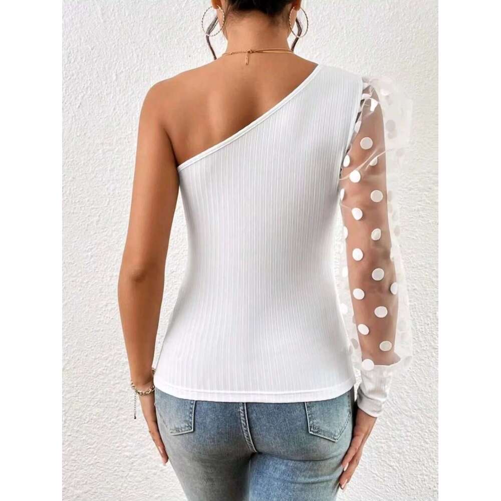 Spring and Autumn hot fashion polka dot mesh ing long sleeve solid color single shoulder shirt T-shirt women