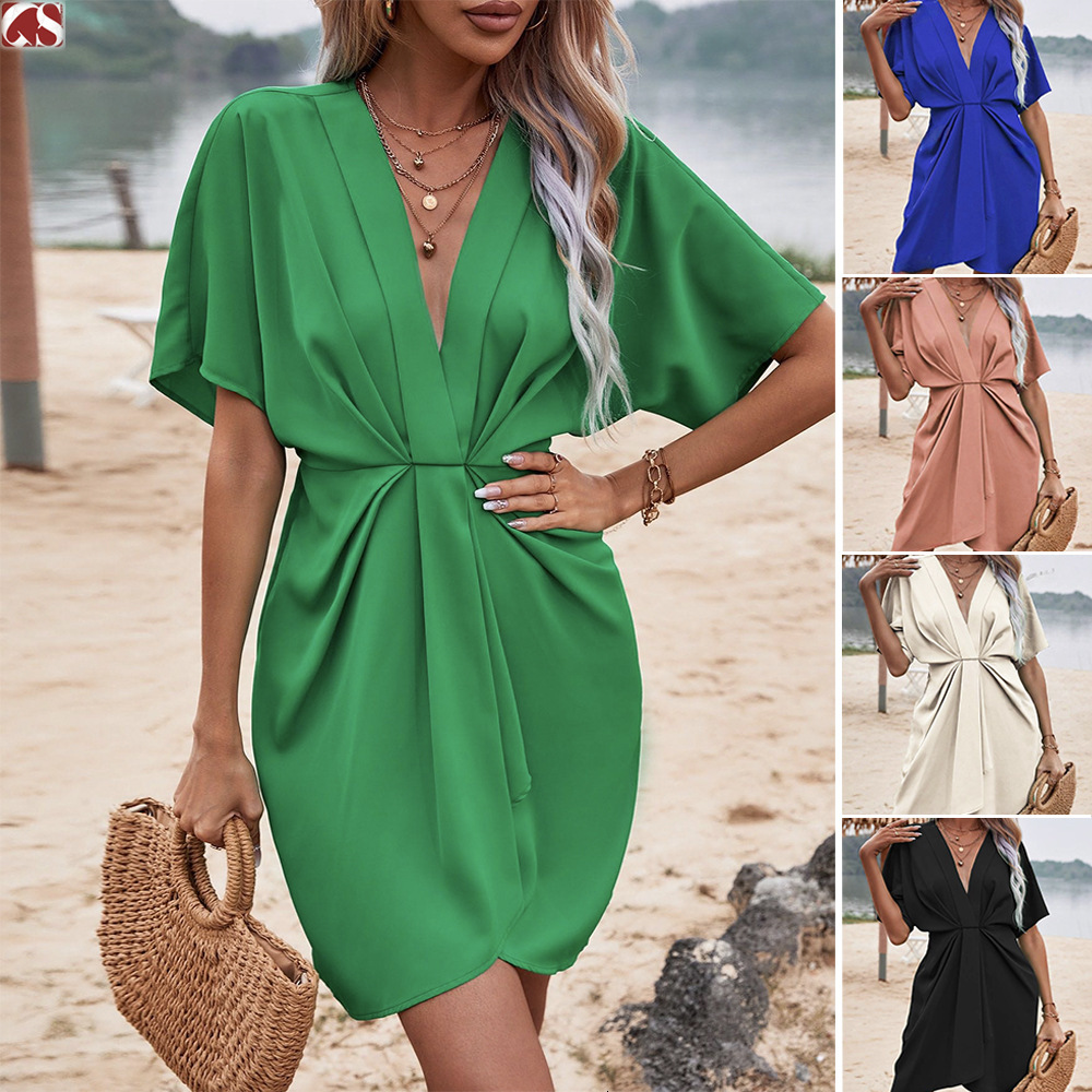 Dress V-neck elegant irregular sleeveless solid color floral bag skirt