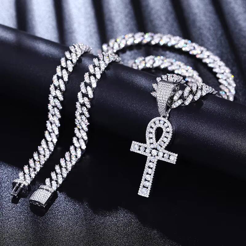 Dropshipping Religious Jewelry Bling 925 Sterling Silver VVS Moissanite Diamond Iced Out Ankh Cross Pendant With GRA Certificate