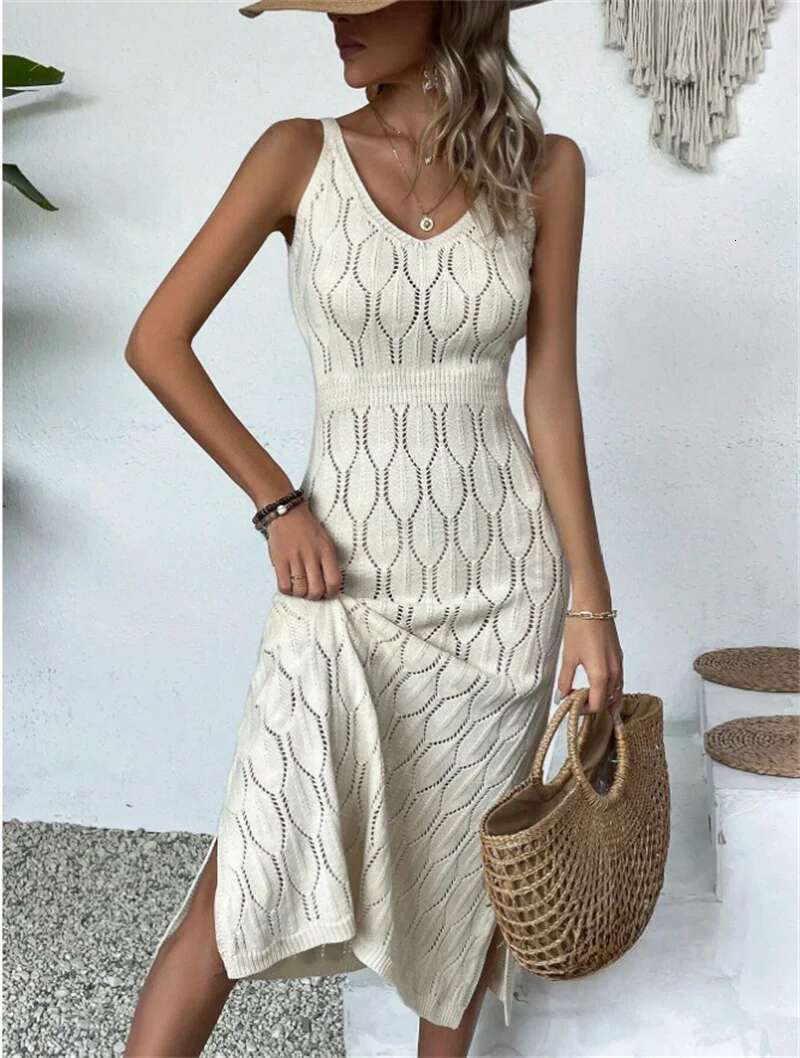 Designer womens dresses maxi dress summer new sexy hollow perspective vacation solid color backless knitted suspender