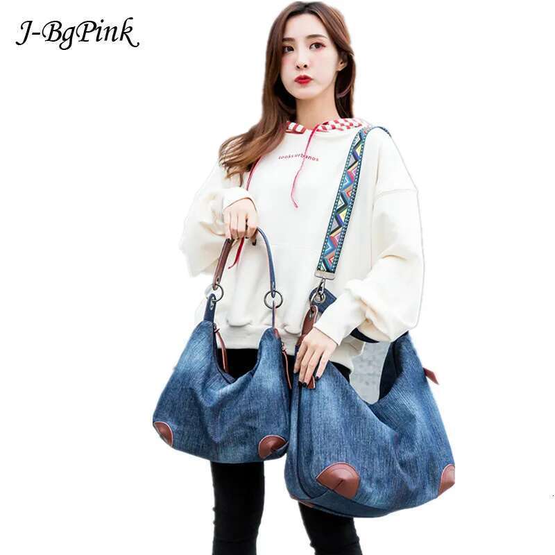 Leather Strap Large Denim Big Shoulder Bag Blue Jeans Handbag Jean Denim Tote Crossbody Ladies