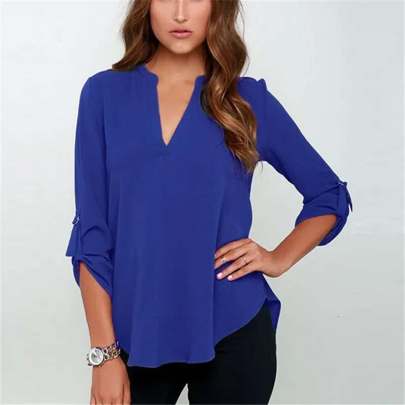 Blouses Long Female Fashion Plus Size Women's V-neck Long-sleeved Ruffled Sleeve Loose Chiffon Shirt