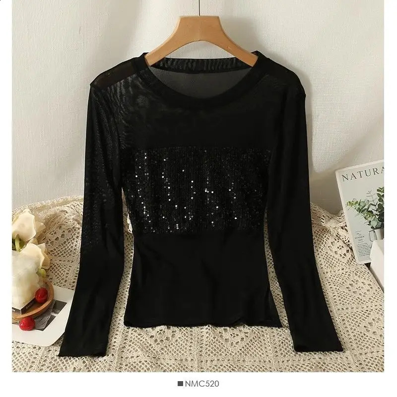 French patchwork mesh long sleeved womens autumn slim fit top 250407