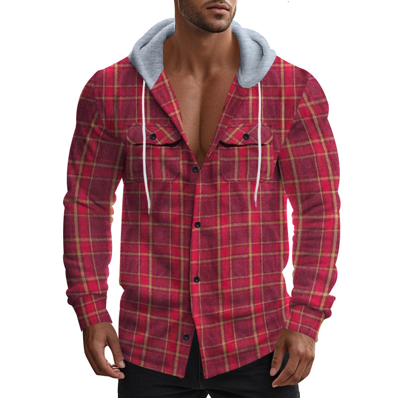 American plaid men's autumn and winter hooded flannel jacquard shirt casual jacket men