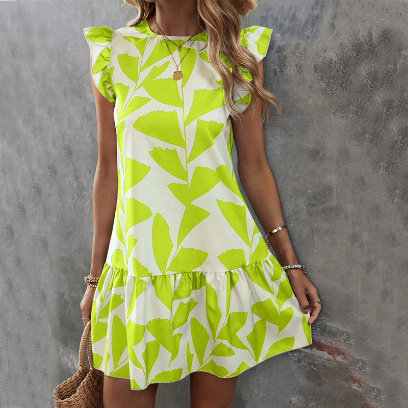 Dress 2025 summer round neck ruffle sleeves A-line skirt loose beach skirt for women