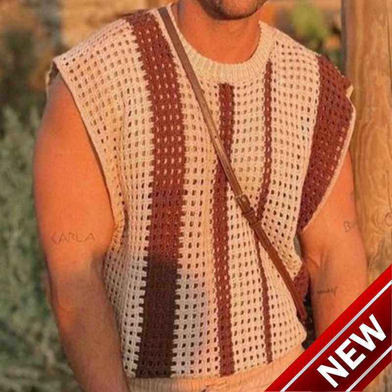Mens Summer New Collection Mens Knitted Shirt Tank Top Striped Hollow Knitted T-shirt