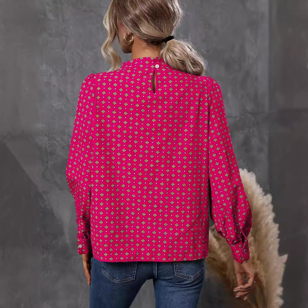 2025 early spring semi high neck pullover long sleeved printed temperament shirt women's top