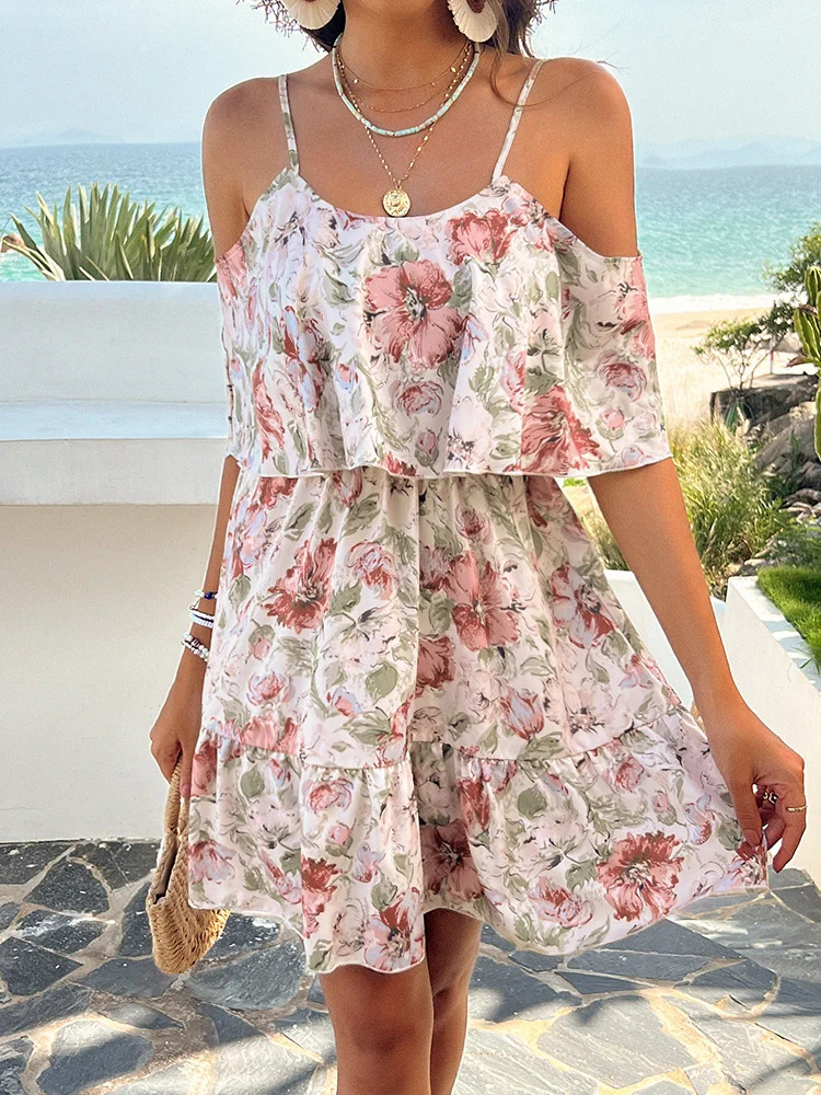 2025 Trend Fairycore Pendant Mini Dress Flower Printed Double Flow Romantic Holiday Shoulder Beach Wear 250414