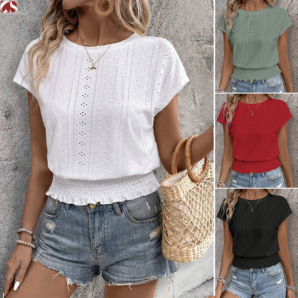 2025 Spring/Summer Temu New Round Neck Jacquard Hollow Short Sleeve T-shirt Sweet Beauty Style Casual Top