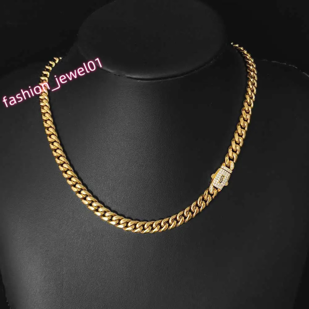 Hip Hop Jewelry 8MM Miami Cuban Link Chain with Diamond Clasp 18k Gold Plated Stainless Steel Cuban Chain Necklace