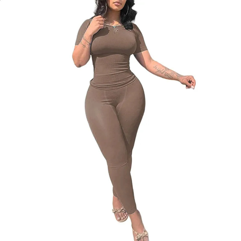 Lounge Wear Ribbed Casual 2 Piece Summer Shorts Set For Women Sleeve Top+Elastic Leggings Outfits 250414