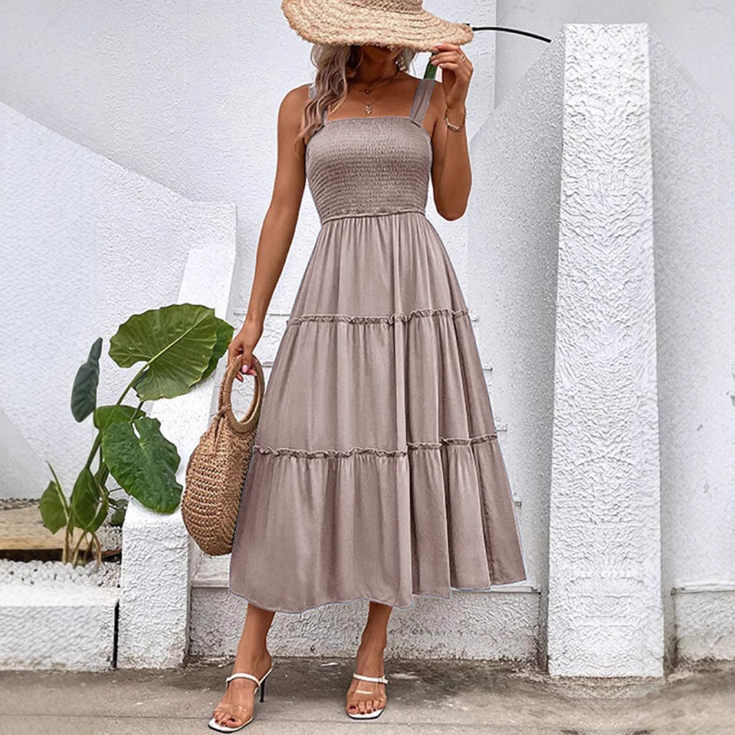 Summer Square Collar Strap French Folding Large Swing Women's Dress