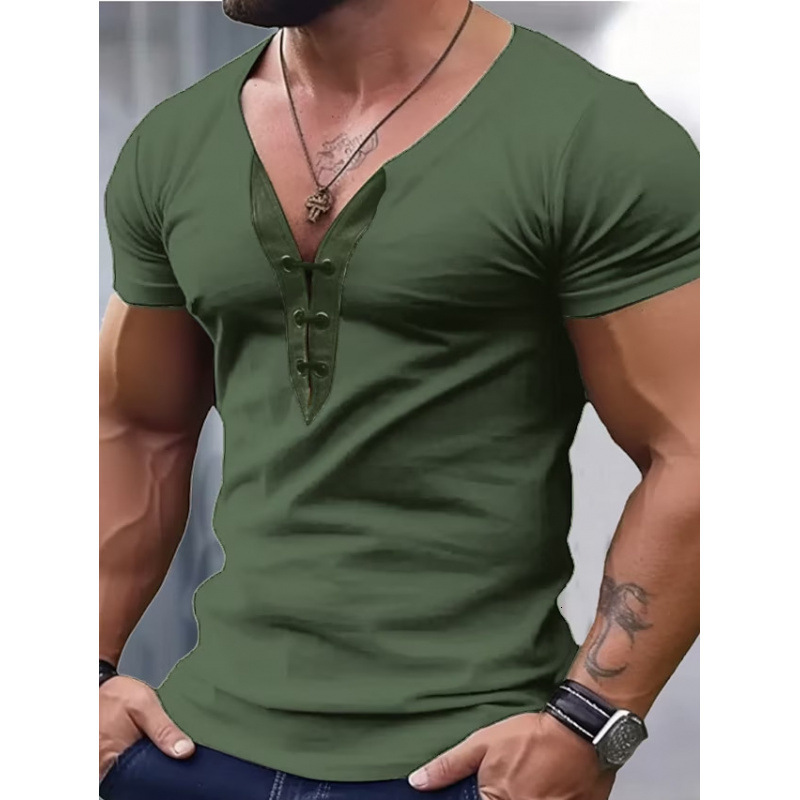 Spring mens V-neck sports fitness casual short sleeved shirt single American washed T-shirt