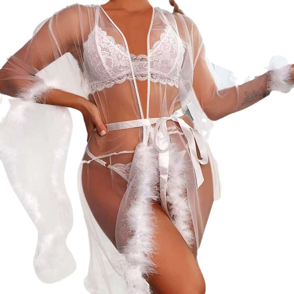 King Mcgreen Female Erotic Midi Robes Long-Sleeved Sheer Shapewear With Plush Splice And Lace Summer Long Sexy Gerie