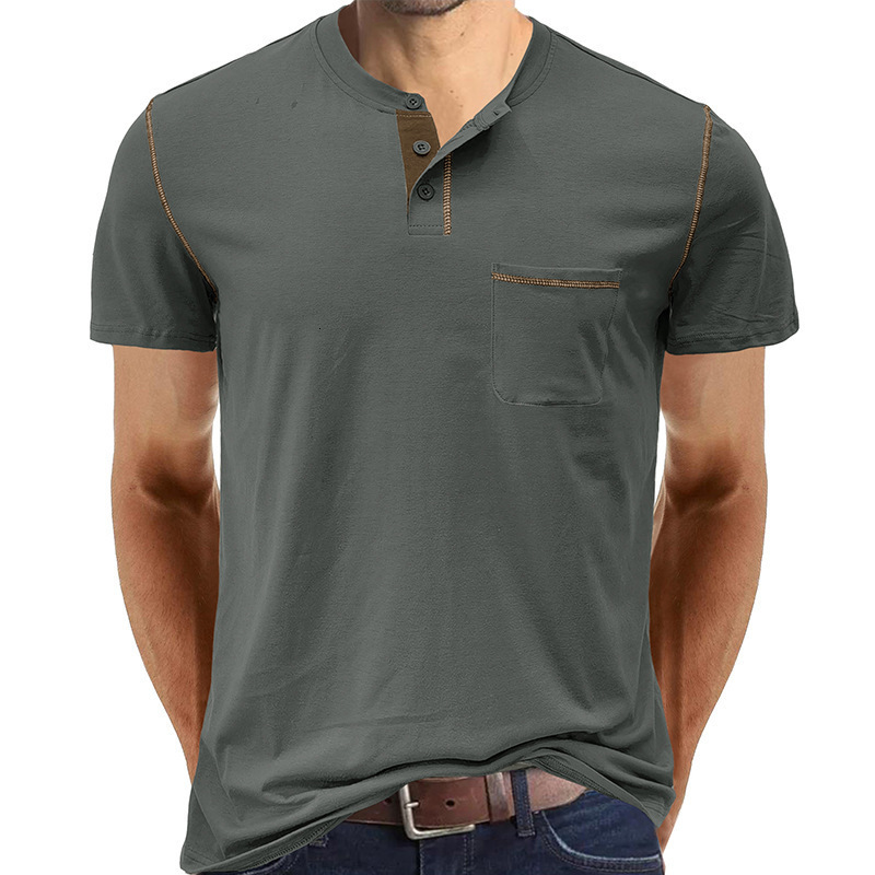 Mens round neck patch pocket cotton blend outdoor short sleeved Henry shirt American mens shirt top