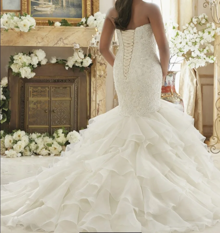 Vintage Cascading Ruffles Mermaid Wedding Dress Lace Appliques Sequins Beaded Corset Long Bridal Gown Sweetheart Sleeveless Plus Size Ivory Bride Dres