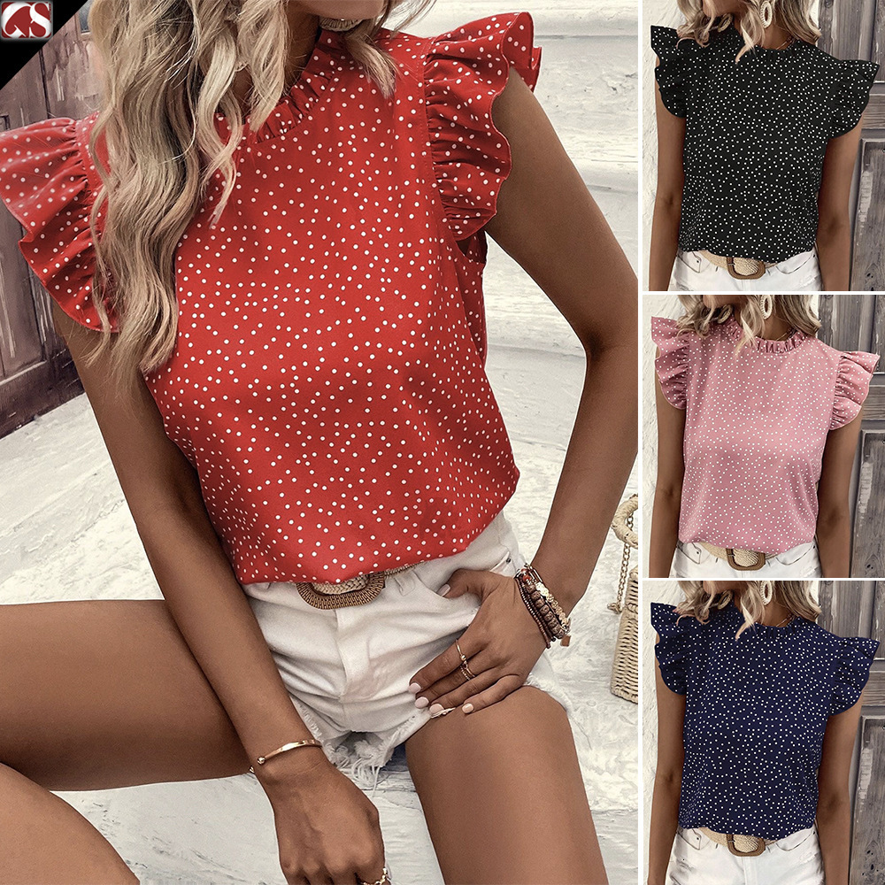 2025 women's ruffled polka dot sleeveless printed fresh and sweet shirt top
