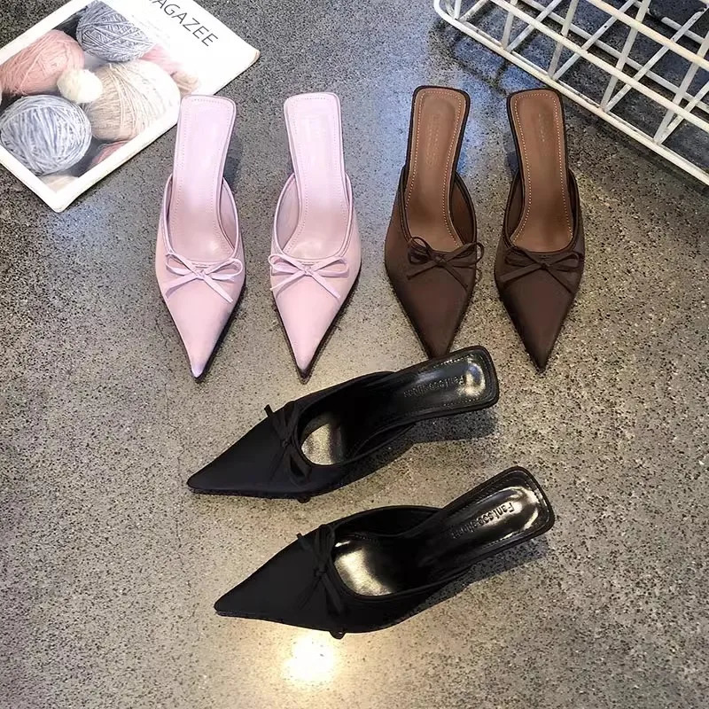bow womens slippers summer Pointed toes sliding on womens mules thin high-heeled satin sandals Zapatos MUJI 250411