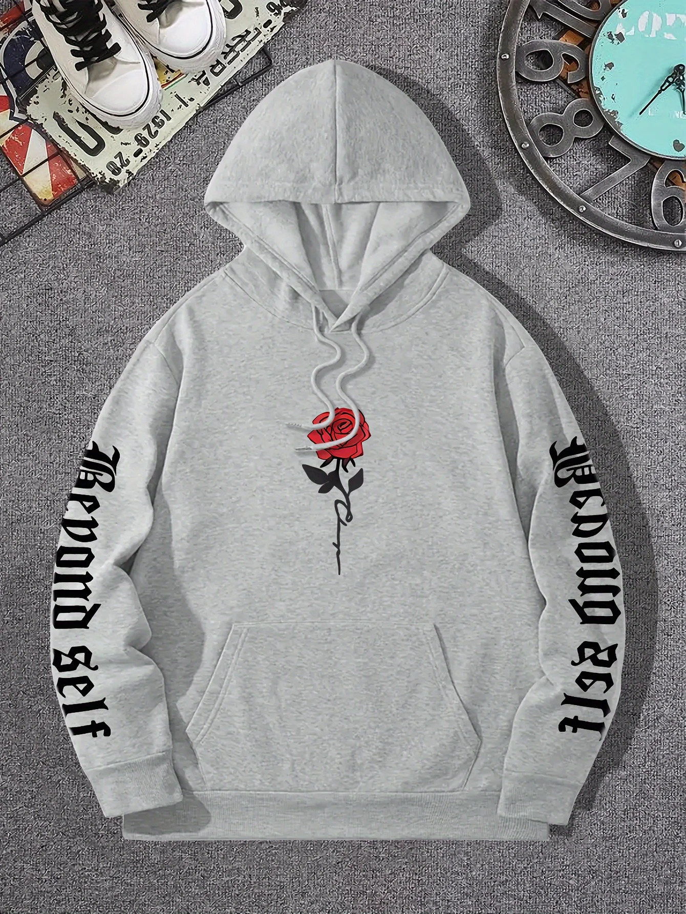 Rose Art Letter Printing Hoodie Casual Street Womens Sportswear Comfortable Wool Pulling Flower Open Collar Loose Clothing 250414Z