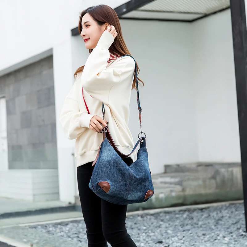 Leather Strap Large Denim Big Shoulder Bag Blue Jeans Handbag Jean Denim Tote Crossbody Ladies