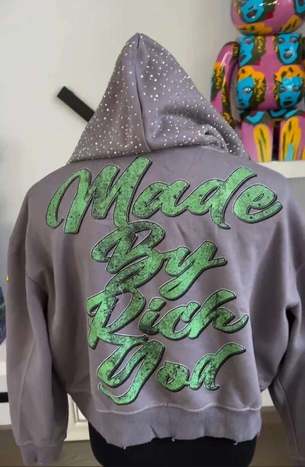 America Vintage Rhie Embroidery Pearls Trim Zipper Hoodie Y2k Gothic Pattern Print Loose Sweatshirt Men Clother Streetwear