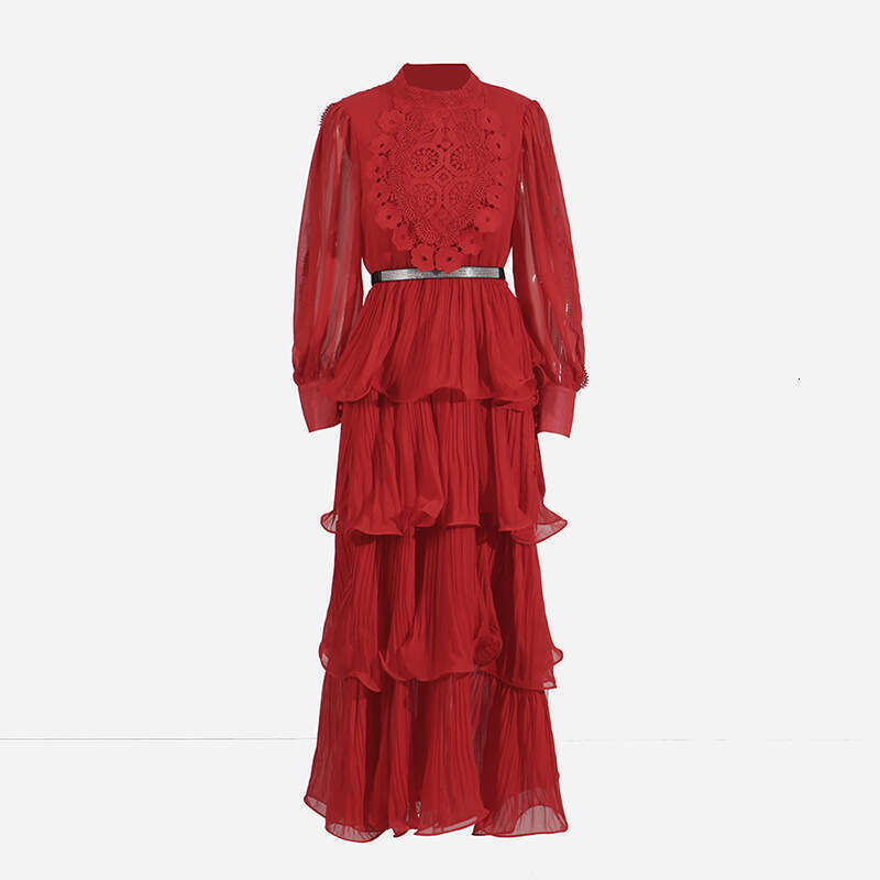 Designer Stylish Women's Long Dress with Ruffles, Lace Work, and Stand-Up Collar Perfect Fit and Comfortable Wear